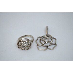 Sterling Silver Pendant & Ring Set Rose Outline w Heart Center NF Thailand 925